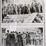 Duas imagens de homens no lançamento da pedra fundamental do QCG da Brigada Militar