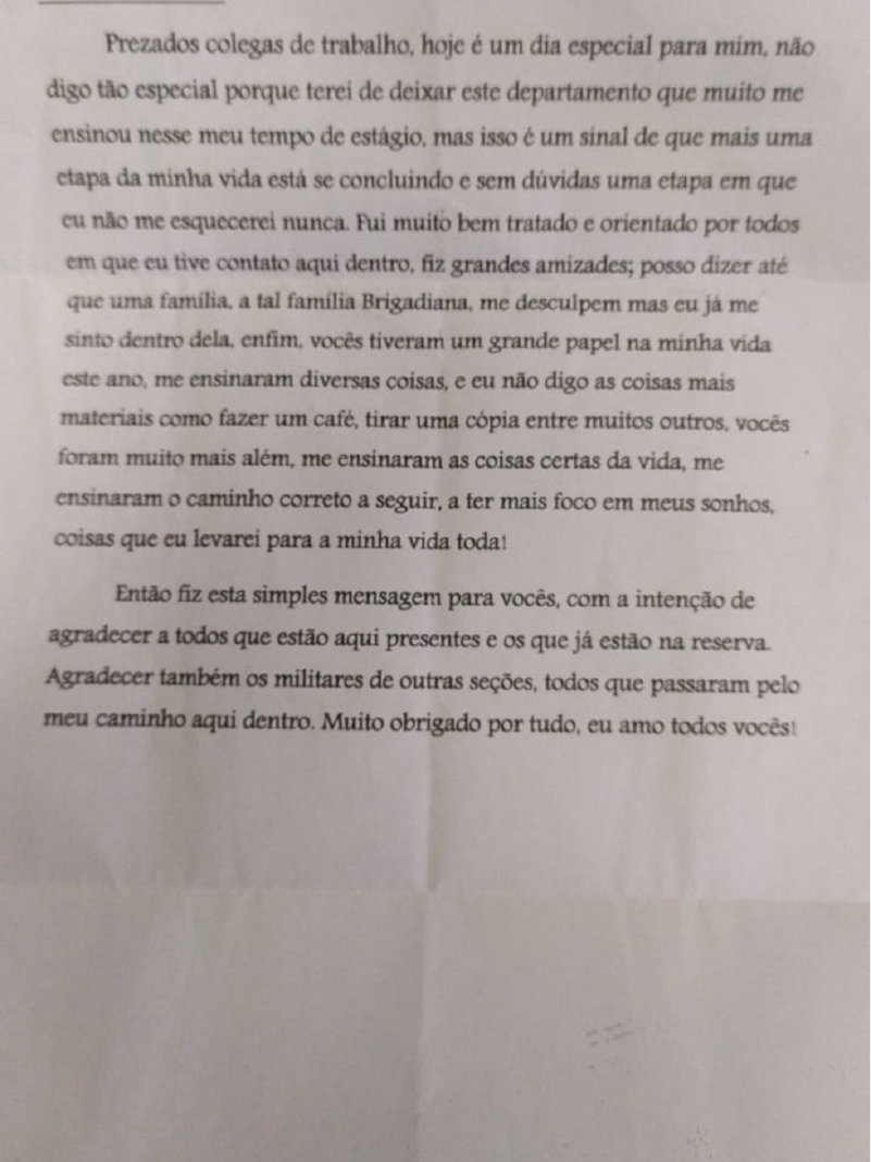estagiário se despede da instituição com carta de agradecimento