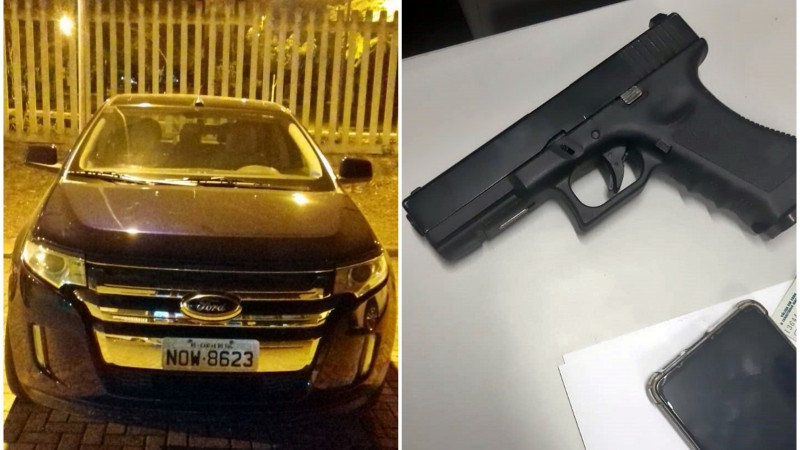 A imagem mostra um veículo Ford Edge e uma replica de pistola