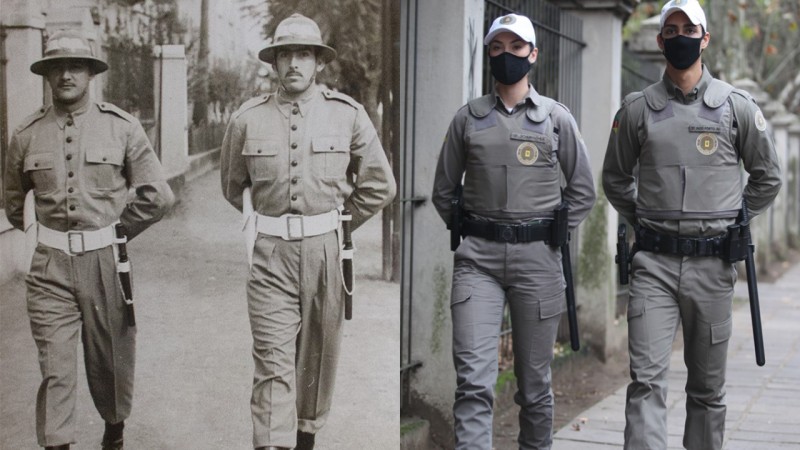 Na foto há uma colagem de duas duplas de policial militar, uma foto característica por ser mais antiga e a outra mais atual