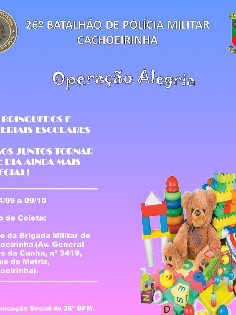 "Operação Alegria" é lançada para arrecadação de brinquedos e materiais escolares.