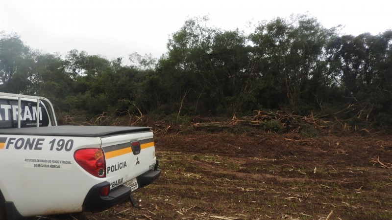 Policiais militares do 3° Batalhão Ambiental da Brigada Militar de Carazinho constatam crime contra a flora nativa no município de Chapada.