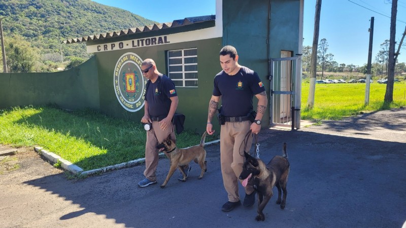 Soldados César (esq.) e Castro (dir) conduzindo os cães em ambiente externo ao Canil para dessensibilização