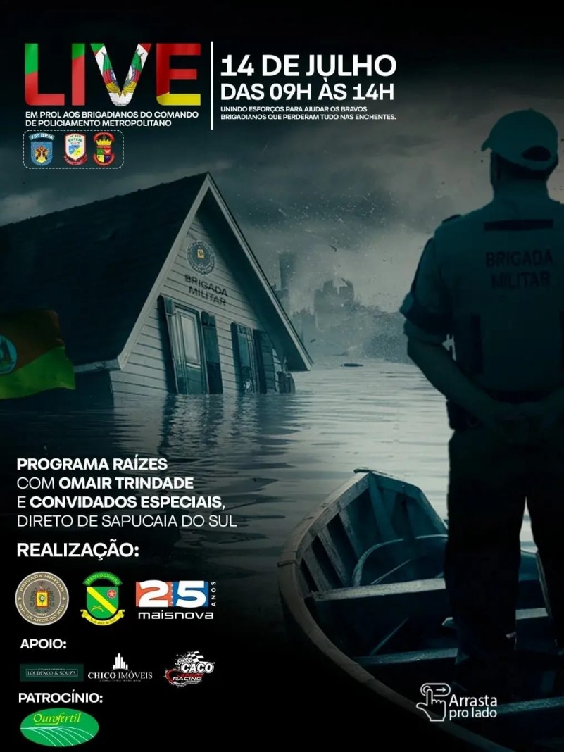 Arte mostra um policial de pé, em cima de um barco em uma área alagada, durante um dia cinzento.