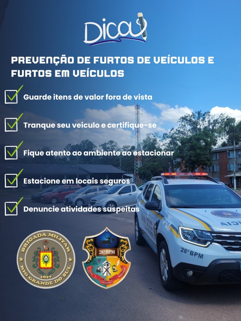 Imagem com foto de fundo de uma viatura e outros veículos estacionados, com as dicas descrevidas no texto.