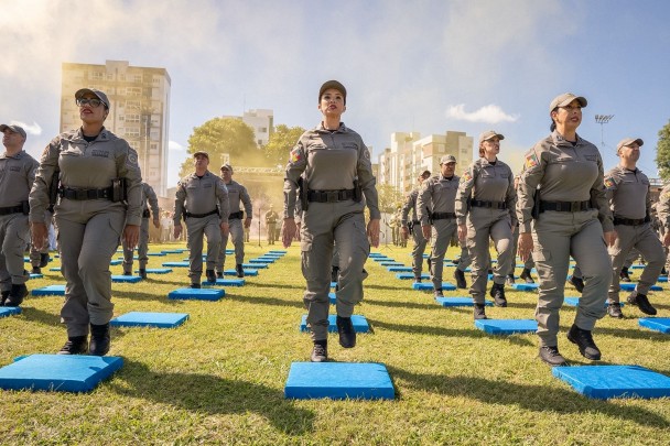 Formandos durante o momento da solenidade em que assumiram o lugar nos dispositivos. 